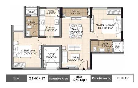 2 BHK 2T - 1150-1250 SqFt